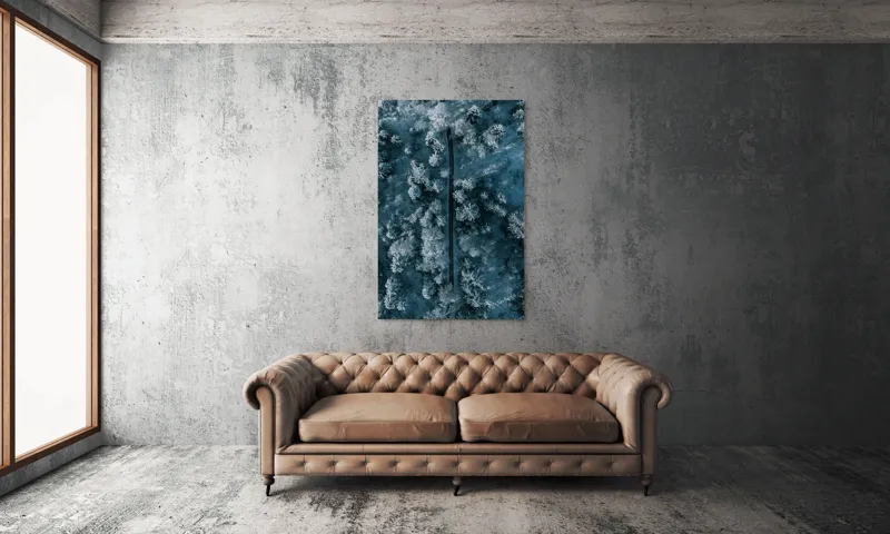 Tablou Canvas, "Cărare prin pădurea de iarnă", Cale, Înghețată, Arbori, Zăpadă, Rece, Natură, Pădure, Iarnă, Frig, Peisaj, Linia, Întunecat, Albastru, Contrast, Vedere., 100 x 150 cm – poza 6