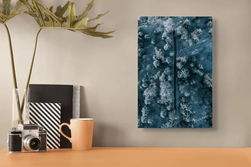 Tablou Canvas, "Cărare prin pădurea de iarnă", Cale, Înghețată, Arbori, Zăpadă, Rece, Natură, Pădure, Iarnă, Frig, Peisaj, Linia, Întunecat, Albastru, Contrast, Vedere., 26 x 39 cm – poza 3