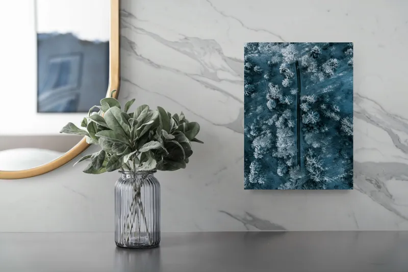 Tablou Canvas, "Cărare prin pădurea de iarnă", Cale, Înghețată, Arbori, Zăpadă, Rece, Natură, Pădure, Iarnă, Frig, Peisaj, Linia, Întunecat, Albastru, Contrast, Vedere., 26 x 39 cm – poza 4