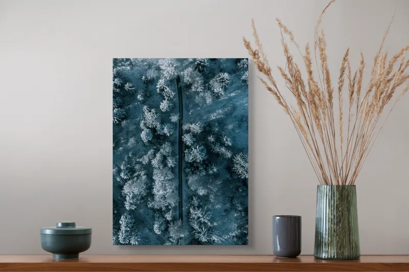 Tablou Canvas, "Cărare prin pădurea de iarnă", Cale, Înghețată, Arbori, Zăpadă, Rece, Natură, Pădure, Iarnă, Frig, Peisaj, Linia, Întunecat, Albastru, Contrast, Vedere., 39 x 54 cm – poza 3