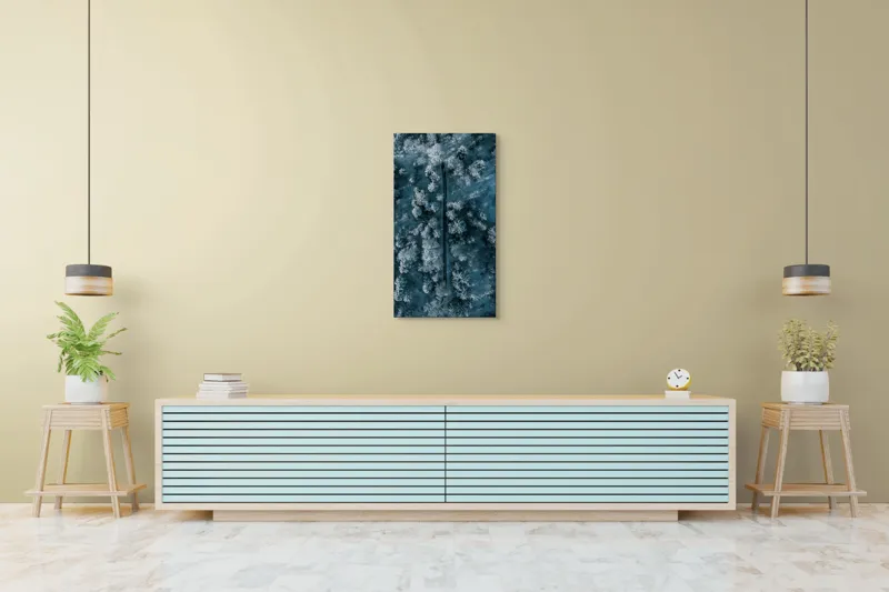 Tablou Canvas, "Cărare prin pădurea de iarnă", Cale, Înghețată, Arbori, Zăpadă, Rece, Natură, Pădure, Iarnă, Frig, Peisaj, Linia, Întunecat, Albastru, Contrast, Vedere., 50 x 90 cm – poza 6
