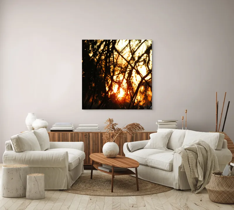 Tablou Canvas, "Apus printre crengile copacilor", Apus, Siluete, Crengi, Frunze, Lumina, Caldura, Seara, Splendoare, 100 x 100 cm – poza 3