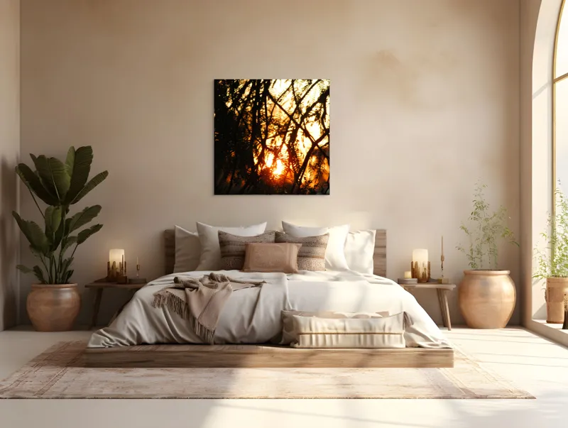 Tablou Canvas, "Apus printre crengile copacilor", Apus, Siluete, Crengi, Frunze, Lumina, Caldura, Seara, Splendoare, 100 x 100 cm – poza 4