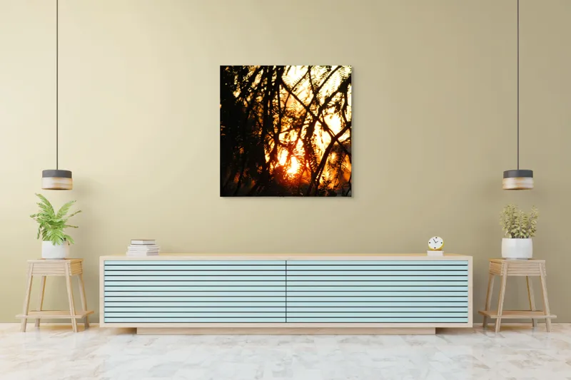 Tablou Canvas, "Apus printre crengile copacilor", Apus, Siluete, Crengi, Frunze, Lumina, Caldura, Seara, Splendoare, 100 x 100 cm – poza 5