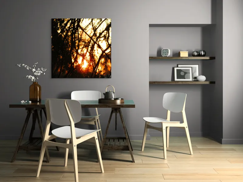 Tablou Canvas, "Apus printre crengile copacilor", Apus, Siluete, Crengi, Frunze, Lumina, Caldura, Seara, Splendoare, 100 x 100 cm – poza 6