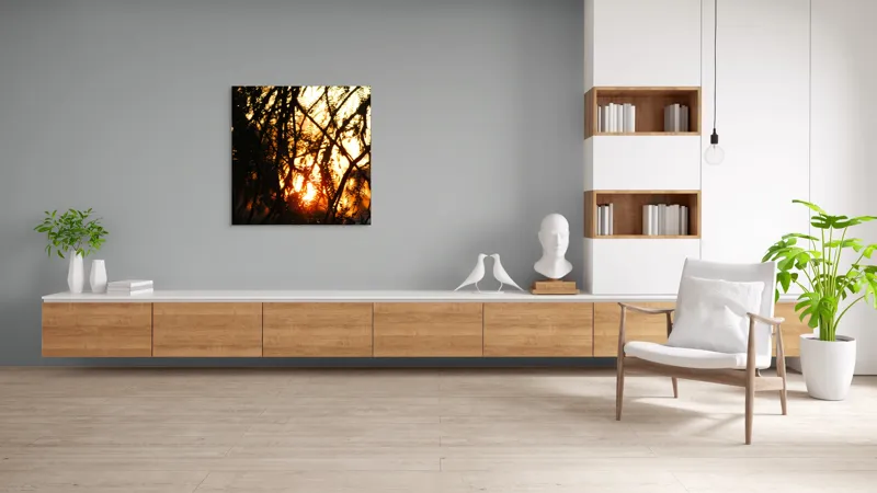 Tablou Canvas, "Apus printre crengile copacilor", Apus, Siluete, Crengi, Frunze, Lumina, Caldura, Seara, Splendoare, 100 x 100 cm – poza 8