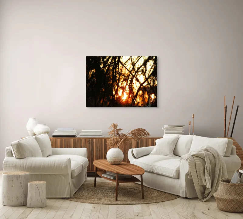 Tablou Canvas, "Apus printre crengile copacilor", Apus, Siluete, Crengi, Frunze, Lumina, Caldura, Seara, Splendoare, 100 x 70 cm – poza 3