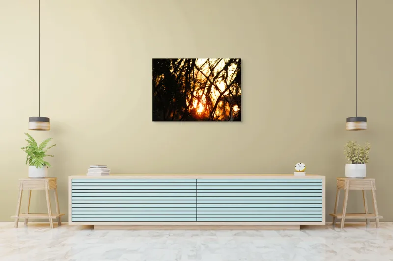 Tablou Canvas, "Apus printre crengile copacilor", Apus, Siluete, Crengi, Frunze, Lumina, Caldura, Seara, Splendoare, 100 x 70 cm – poza 4