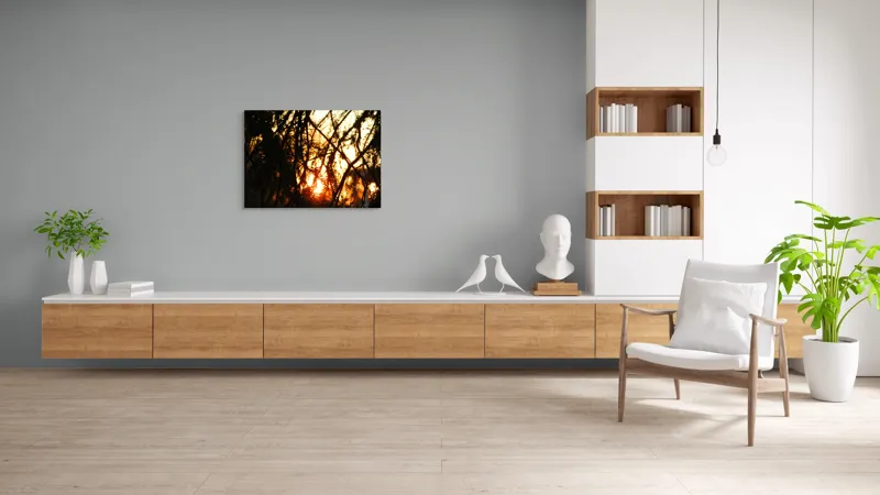 Tablou Canvas, "Apus printre crengile copacilor", Apus, Siluete, Crengi, Frunze, Lumina, Caldura, Seara, Splendoare, 100 x 70 cm – poza 6