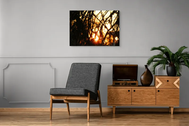 Tablou Canvas, "Apus printre crengile copacilor", Apus, Siluete, Crengi, Frunze, Lumina, Caldura, Seara, Splendoare, 100 x 70 cm – poza 8