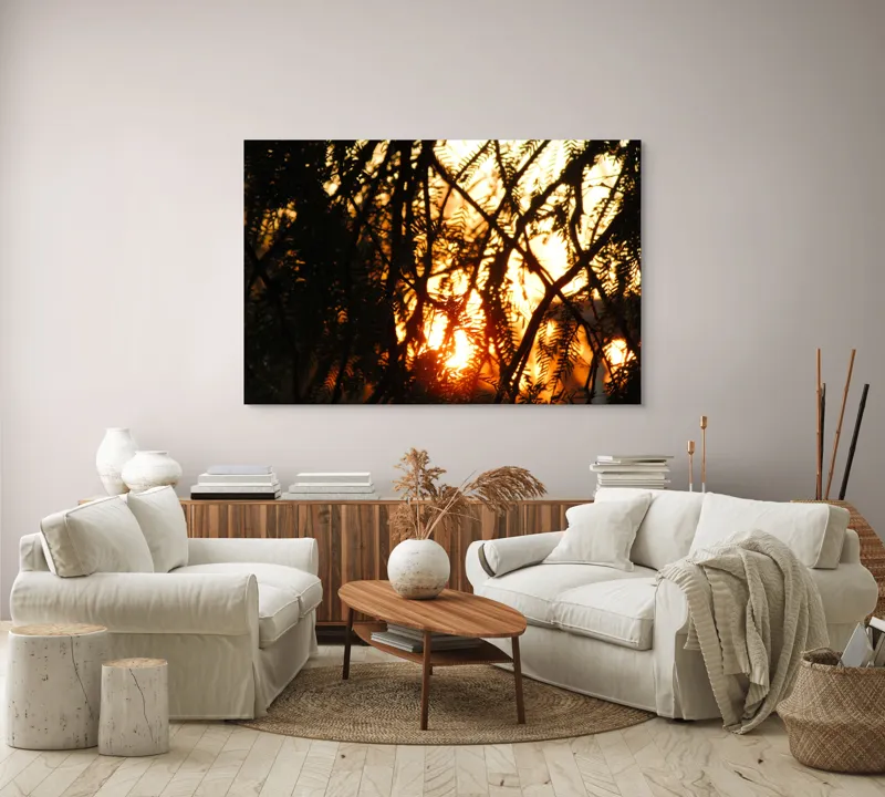 Tablou Canvas, "Apus printre crengile copacilor", Apus, Siluete, Crengi, Frunze, Lumina, Caldura, Seara, Splendoare, 150 x 100 cm – poza 3