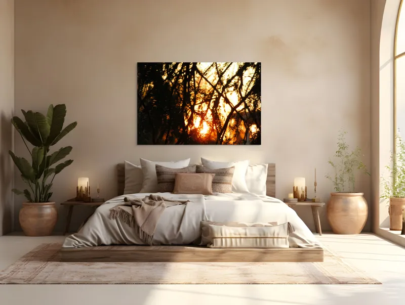 Tablou Canvas, "Apus printre crengile copacilor", Apus, Siluete, Crengi, Frunze, Lumina, Caldura, Seara, Splendoare, 150 x 100 cm – poza 4