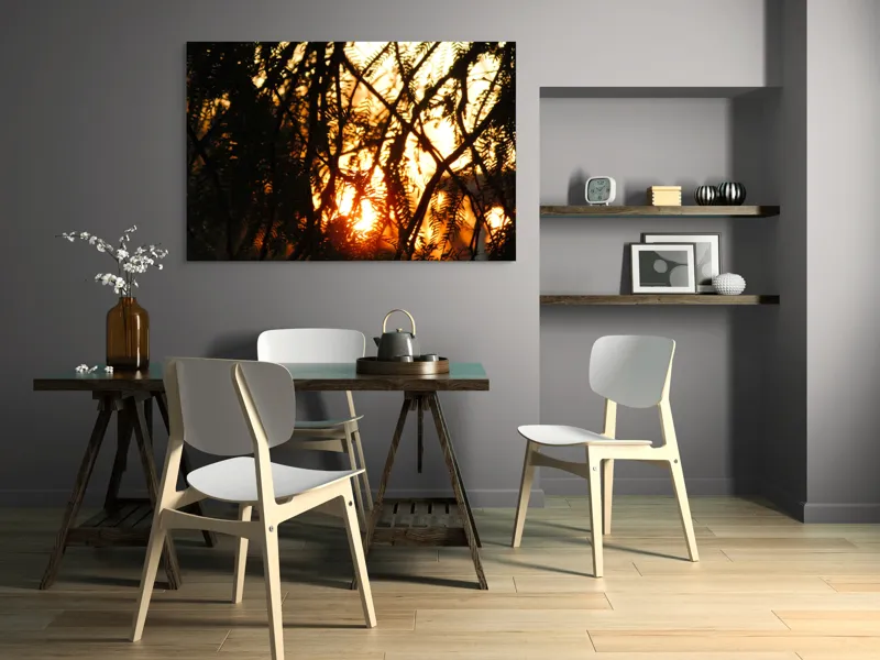 Tablou Canvas, "Apus printre crengile copacilor", Apus, Siluete, Crengi, Frunze, Lumina, Caldura, Seara, Splendoare, 150 x 100 cm – poza 5