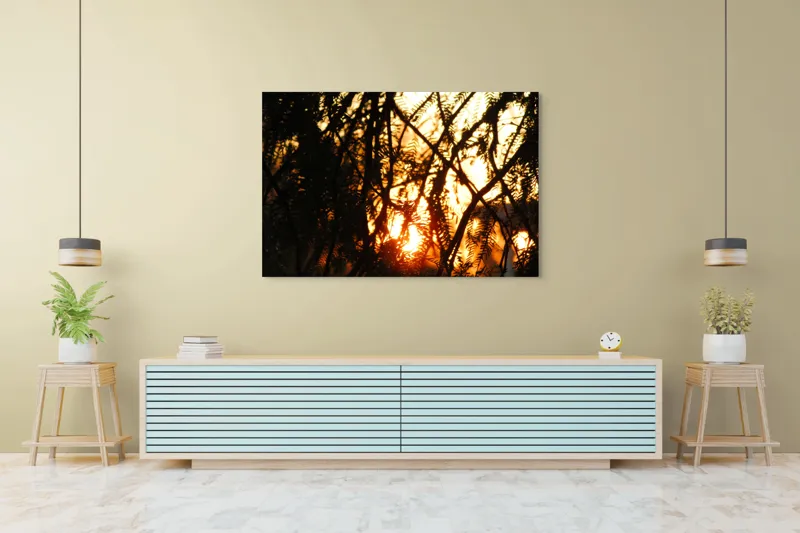 Tablou Canvas, "Apus printre crengile copacilor", Apus, Siluete, Crengi, Frunze, Lumina, Caldura, Seara, Splendoare, 150 x 100 cm – poza 6