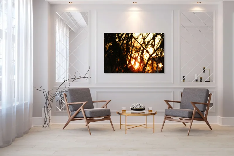 Tablou Canvas, "Apus printre crengile copacilor", Apus, Siluete, Crengi, Frunze, Lumina, Caldura, Seara, Splendoare, 150 x 100 cm – poza 7