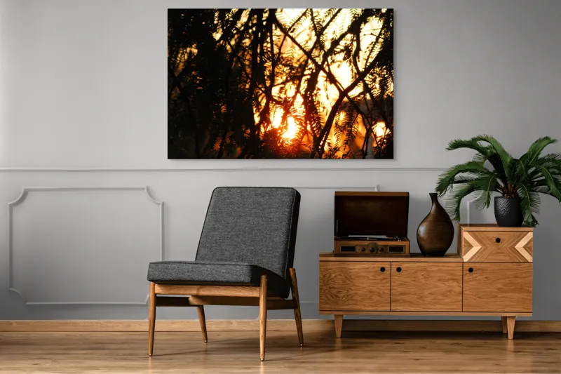 Tablou Canvas, "Apus printre crengile copacilor", Apus, Siluete, Crengi, Frunze, Lumina, Caldura, Seara, Splendoare, 150 x 100 cm – poza 8