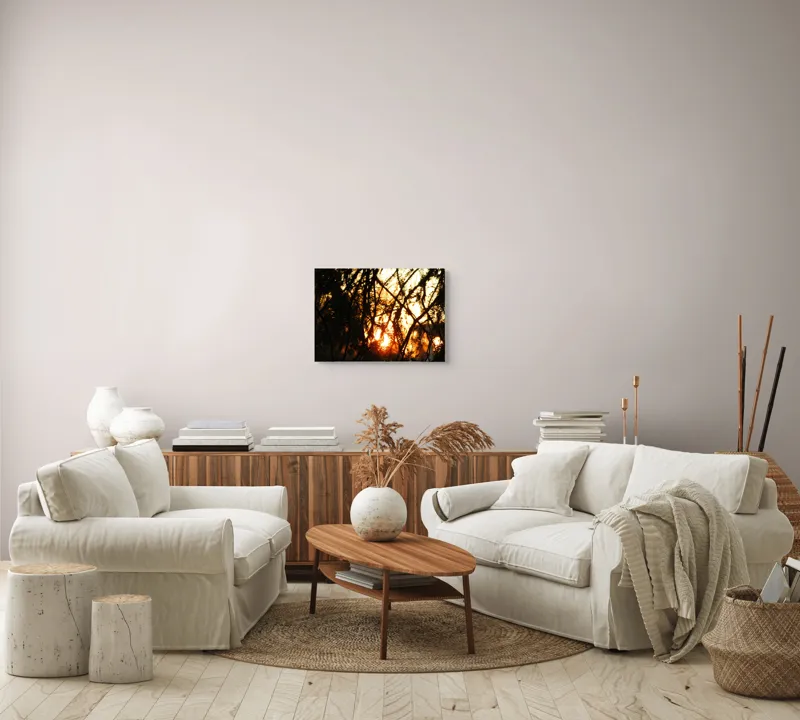 Tablou Canvas, "Apus printre crengile copacilor", Apus, Siluete, Crengi, Frunze, Lumina, Caldura, Seara, Splendoare, 54 x 39 cm – poza 5