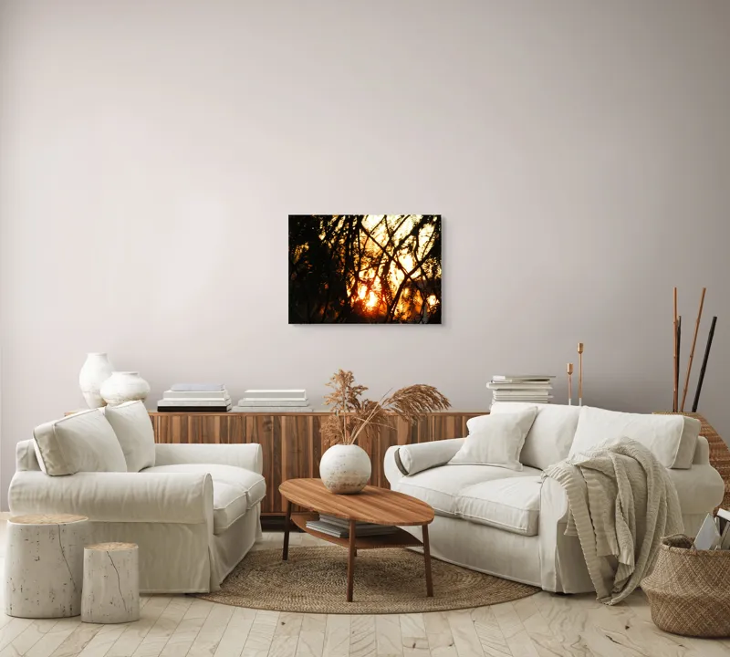 Tablou Canvas, "Apus printre crengile copacilor", Apus, Siluete, Crengi, Frunze, Lumina, Caldura, Seara, Splendoare, 70 x 50 cm – poza 6