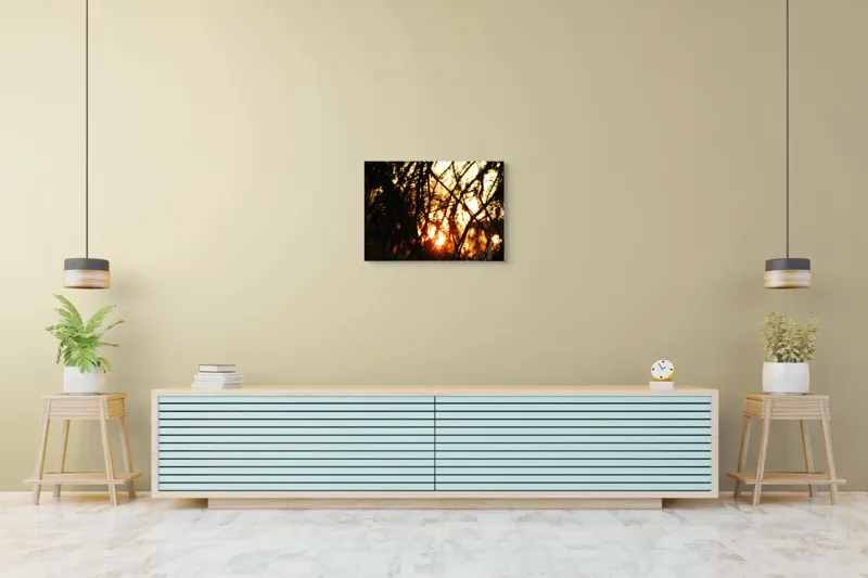 Tablou Canvas, "Apus printre crengile copacilor", Apus, Siluete, Crengi, Frunze, Lumina, Caldura, Seara, Splendoare, 70 x 50 cm – poza 7