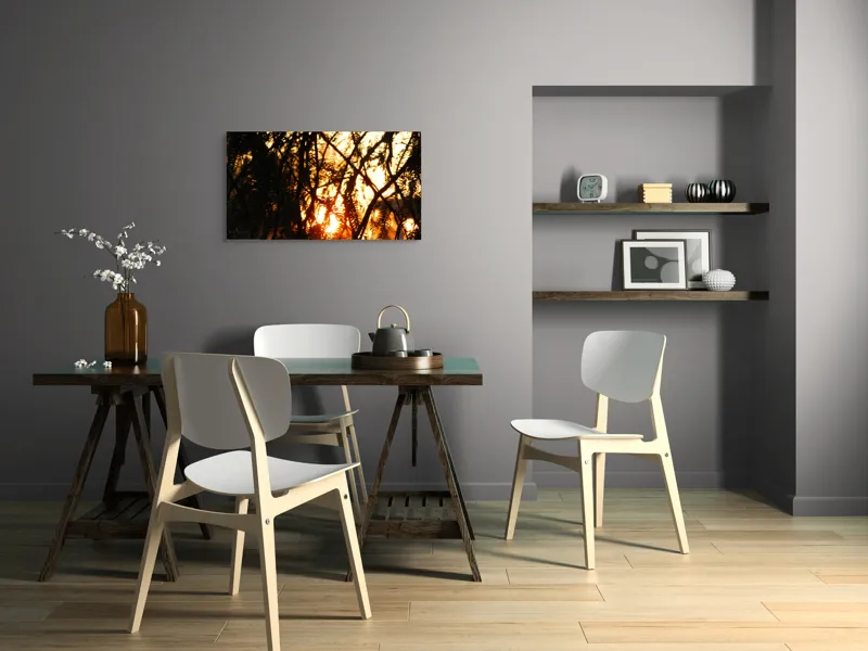 Tablou Canvas, "Apus printre crengile copacilor", Apus, Siluete, Crengi, Frunze, Lumina, Caldura, Seara, Splendoare, 90 x 50 cm – poza 3