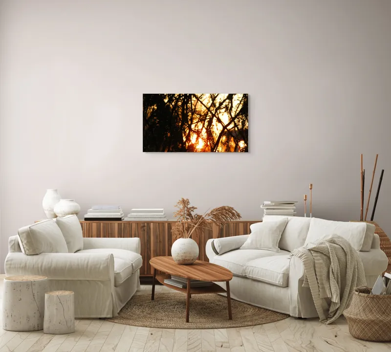 Tablou Canvas, "Apus printre crengile copacilor", Apus, Siluete, Crengi, Frunze, Lumina, Caldura, Seara, Splendoare, 90 x 50 cm – poza 4