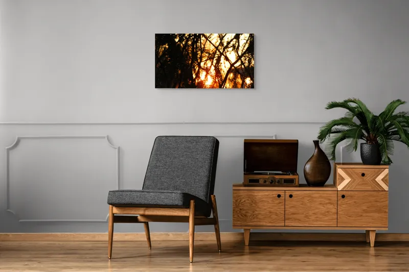 Tablou Canvas, "Apus printre crengile copacilor", Apus, Siluete, Crengi, Frunze, Lumina, Caldura, Seara, Splendoare, 90 x 50 cm – poza 6