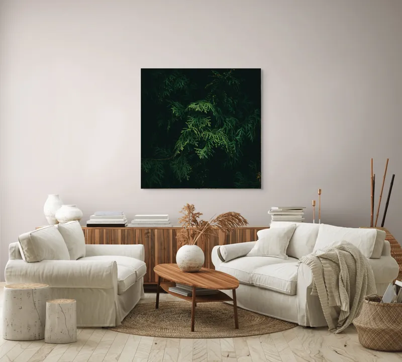 Tablou Canvas, "Frumusețea misterioasă a frunzelor de conifer", Verde, Frunze, Întuneric, Natură, Mister, Contrast, Liniște, 100 x 100 cm – poza 3