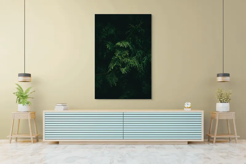 Tablou Canvas, "Frumusețea misterioasă a frunzelor de conifer", Verde, Frunze, Întuneric, Natură, Mister, Contrast, Liniște, 100 x 150 cm – poza 4