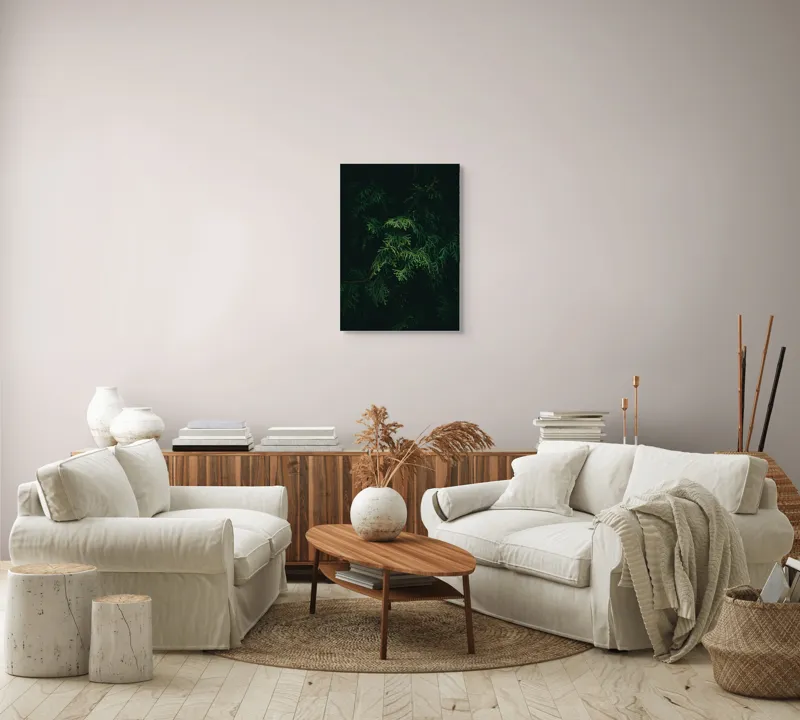 Tablou Canvas, "Frumusețea misterioasă a frunzelor de conifer", Verde, Frunze, Întuneric, Natură, Mister, Contrast, Liniște, 50 x 70 cm – poza 4