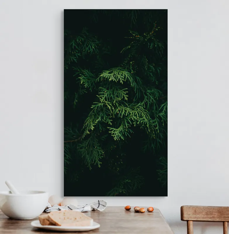 Tablou Canvas, "Frumusețea misterioasă a frunzelor de conifer", Verde, Frunze, Întuneric, Natură, Mister, Contrast, Liniște, 50 x 90 cm – poza 3