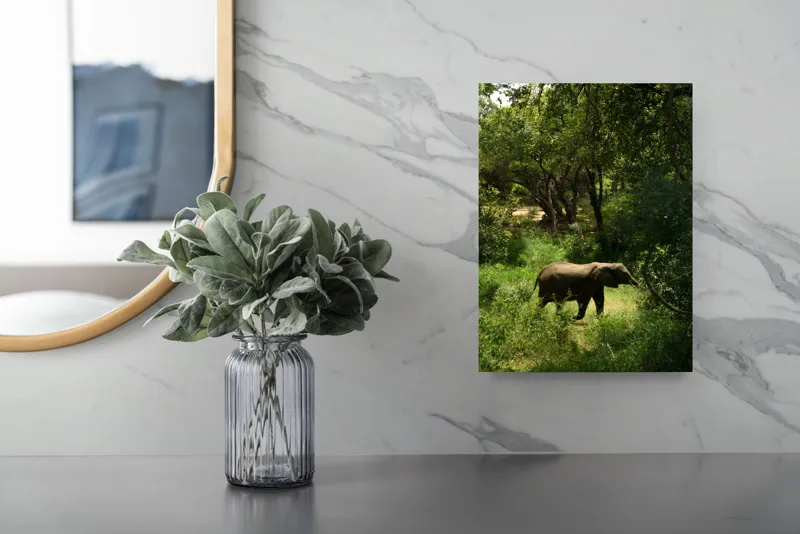 Tablou Canvas, "Elefant în pădurea verde intensă", Elefant, Pădure, Verdeață, Natură, Tufişuri, Serenitate, Sălbăticie, Vegetaţie, Arbori, Umbre, 26 x 39 cm – poza 4