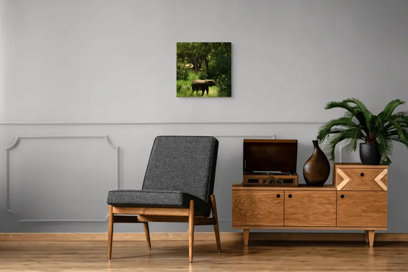 Tablou Canvas, "Elefant în pădurea verde intensă", Elefant, Pădure, Verdeață, Natură, Tufişuri, Serenitate, Sălbăticie, Vegetaţie, Arbori, Umbre, 50 x 50 cm – poza 6