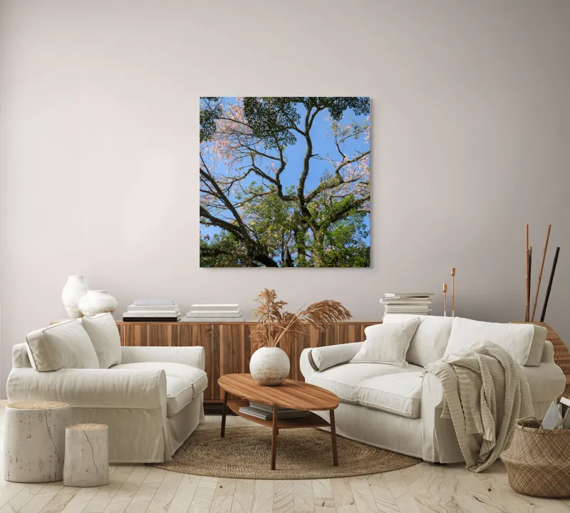 Tablou Canvas, "Freamătul vântului prin ramuri înflorite", Copac, Ramuri, Frunze, Cer, Floare, Trunchi, Primăvară, Natură, Culoare, Vârfuri, 100 x 100 cm – poza 3