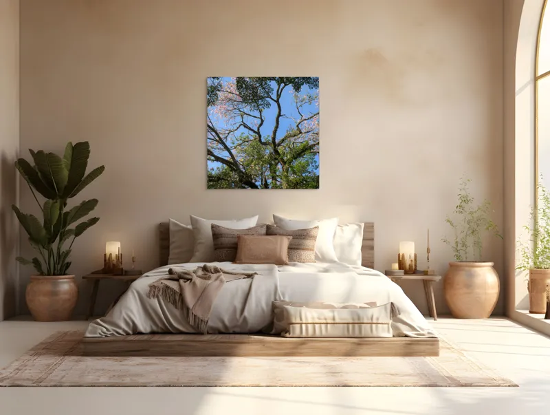 Tablou Canvas, "Freamătul vântului prin ramuri înflorite", Copac, Ramuri, Frunze, Cer, Floare, Trunchi, Primăvară, Natură, Culoare, Vârfuri, 100 x 100 cm – poza 4