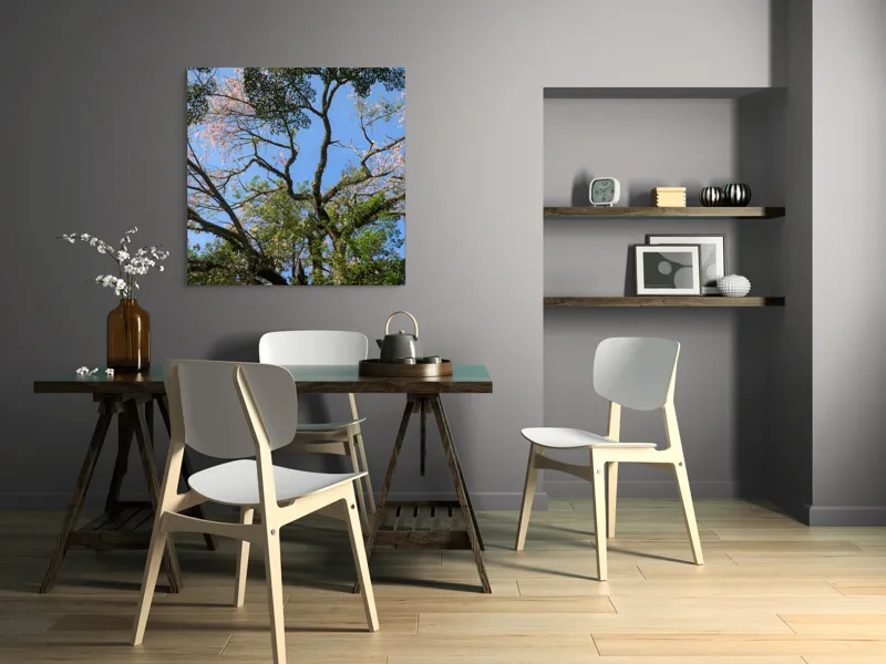 Tablou Canvas, "Freamătul vântului prin ramuri înflorite", Copac, Ramuri, Frunze, Cer, Floare, Trunchi, Primăvară, Natură, Culoare, Vârfuri, 100 x 100 cm – poza 6
