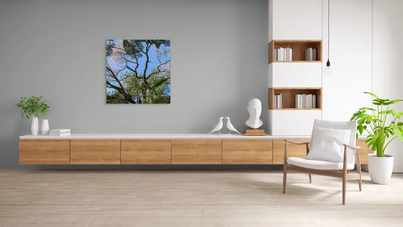 Tablou Canvas, "Freamătul vântului prin ramuri înflorite", Copac, Ramuri, Frunze, Cer, Floare, Trunchi, Primăvară, Natură, Culoare, Vârfuri, 100 x 100 cm – poza 8