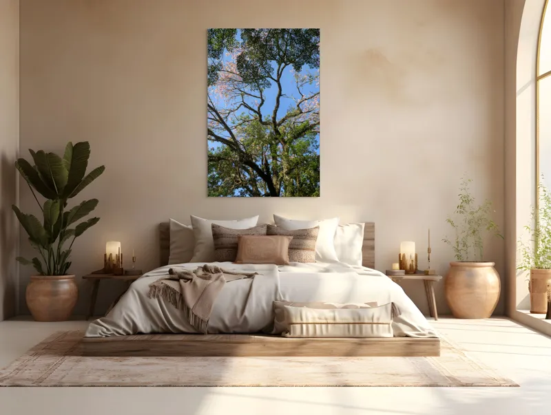 Tablou Canvas, "Freamătul vântului prin ramuri înflorite", Copac, Ramuri, Frunze, Cer, Floare, Trunchi, Primăvară, Natură, Culoare, Vârfuri, 100 x 150 cm – poza 3