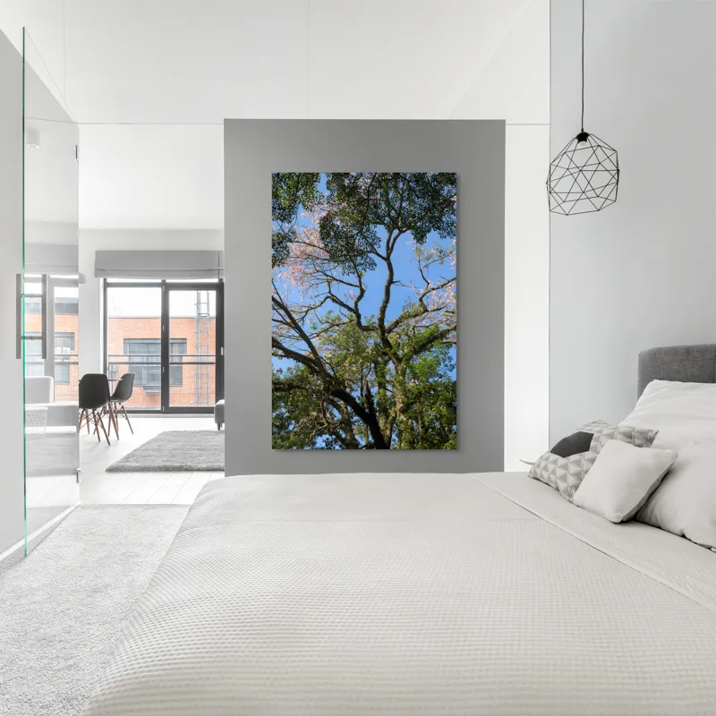 Tablou Canvas, "Freamătul vântului prin ramuri înflorite", Copac, Ramuri, Frunze, Cer, Floare, Trunchi, Primăvară, Natură, Culoare, Vârfuri, 100 x 150 cm – poza 5