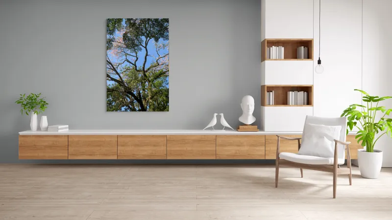 Tablou Canvas, "Freamătul vântului prin ramuri înflorite", Copac, Ramuri, Frunze, Cer, Floare, Trunchi, Primăvară, Natură, Culoare, Vârfuri, 100 x 150 cm – poza 8