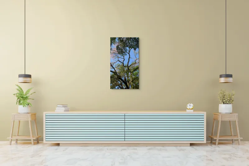Tablou Canvas, "Freamătul vântului prin ramuri înflorite", Copac, Ramuri, Frunze, Cer, Floare, Trunchi, Primăvară, Natură, Culoare, Vârfuri, 50 x 90 cm – poza 6