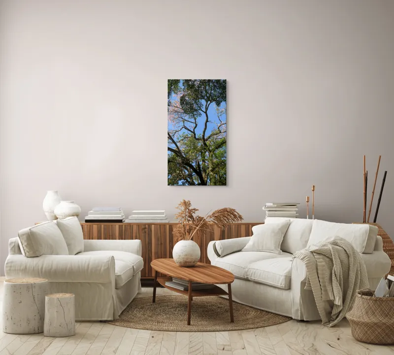 Tablou Canvas, "Freamătul vântului prin ramuri înflorite", Copac, Ramuri, Frunze, Cer, Floare, Trunchi, Primăvară, Natură, Culoare, Vârfuri, 50 x 90 cm – poza 7