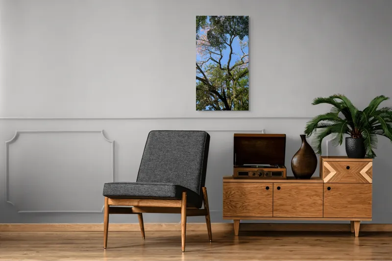 Tablou Canvas, "Freamătul vântului prin ramuri înflorite", Copac, Ramuri, Frunze, Cer, Floare, Trunchi, Primăvară, Natură, Culoare, Vârfuri, 50 x 90 cm – poza 8