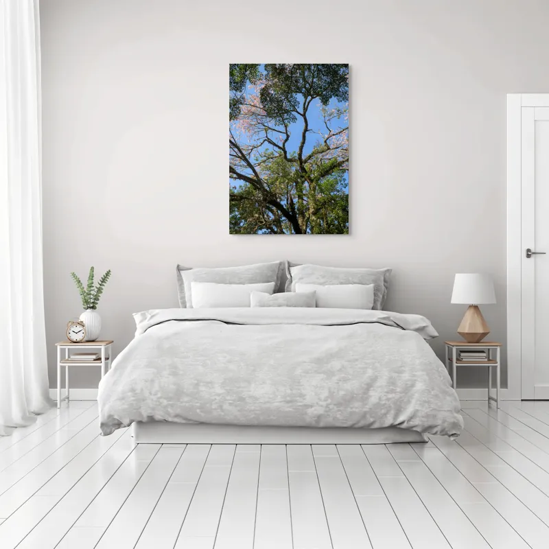 Tablou Canvas, "Freamătul vântului prin ramuri înflorite", Copac, Ramuri, Frunze, Cer, Floare, Trunchi, Primăvară, Natură, Culoare, Vârfuri, 70 x 100 cm – poza 3