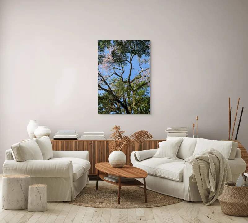 Tablou Canvas, "Freamătul vântului prin ramuri înflorite", Copac, Ramuri, Frunze, Cer, Floare, Trunchi, Primăvară, Natură, Culoare, Vârfuri, 70 x 100 cm – poza 4