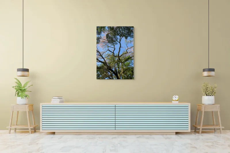 Tablou Canvas, "Freamătul vântului prin ramuri înflorite", Copac, Ramuri, Frunze, Cer, Floare, Trunchi, Primăvară, Natură, Culoare, Vârfuri, 70 x 100 cm – poza 5