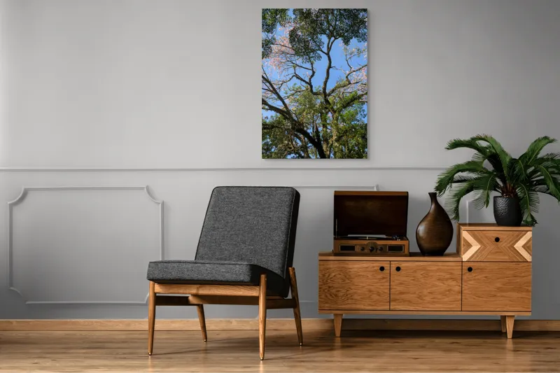 Tablou Canvas, "Freamătul vântului prin ramuri înflorite", Copac, Ramuri, Frunze, Cer, Floare, Trunchi, Primăvară, Natură, Culoare, Vârfuri, 70 x 100 cm – poza 6