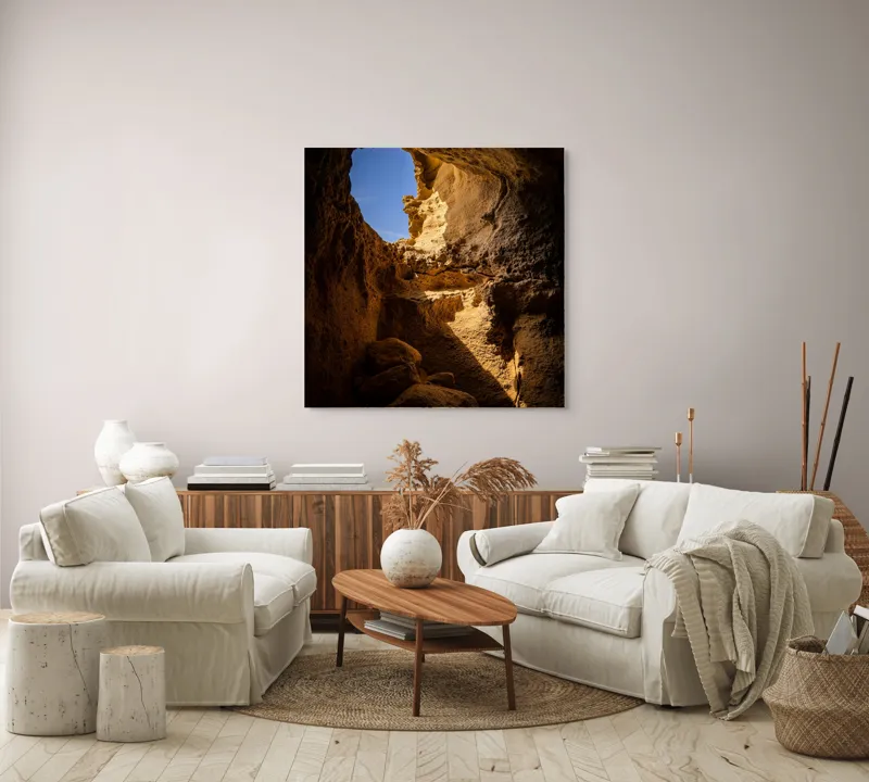 Tablou Canvas, "Lumina soarelui în peșteră stâncoasă", Pietre, Lumină, Umbre, Cer, Forme, Timp, Textură, Amestec, Natură, 100 x 100 cm – poza 3