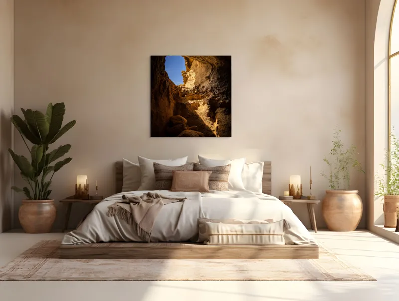 Tablou Canvas, "Lumina soarelui în peșteră stâncoasă", Pietre, Lumină, Umbre, Cer, Forme, Timp, Textură, Amestec, Natură, 100 x 100 cm – poza 4