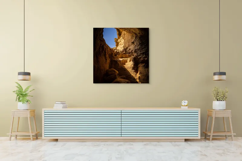 Tablou Canvas, "Lumina soarelui în peșteră stâncoasă", Pietre, Lumină, Umbre, Cer, Forme, Timp, Textură, Amestec, Natură, 100 x 100 cm – poza 5