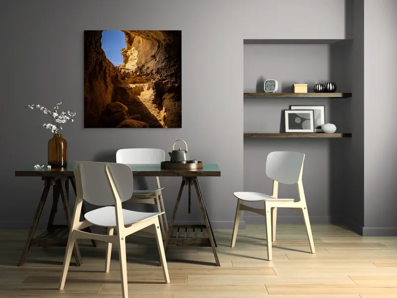Tablou Canvas, "Lumina soarelui în peșteră stâncoasă", Pietre, Lumină, Umbre, Cer, Forme, Timp, Textură, Amestec, Natură, 100 x 100 cm – poza 6